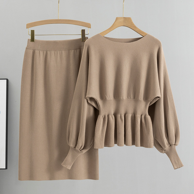 Cross border foreign trade versatile socialite temperament two-piece set with ruffled edge knitted sweater, high waist slimming half skirt set, women's autumn