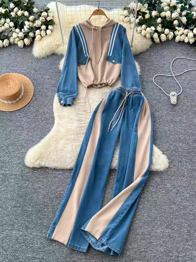 Fashion suit women 2026 autumn and winter retro loose casual denim patchwork hooded sweatshirt high waist wide leg straight leg pants