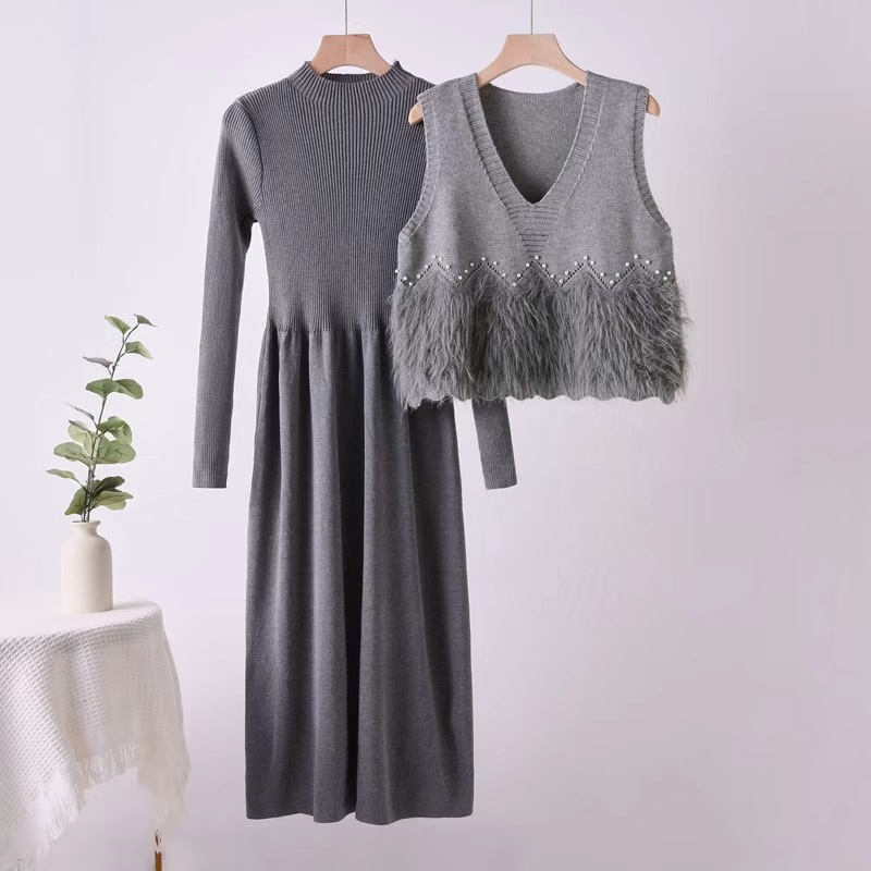 Cross border 25 vest new dress, autumn and winter light fragrance sweater, knitted two-piece set, medium to long set skirt