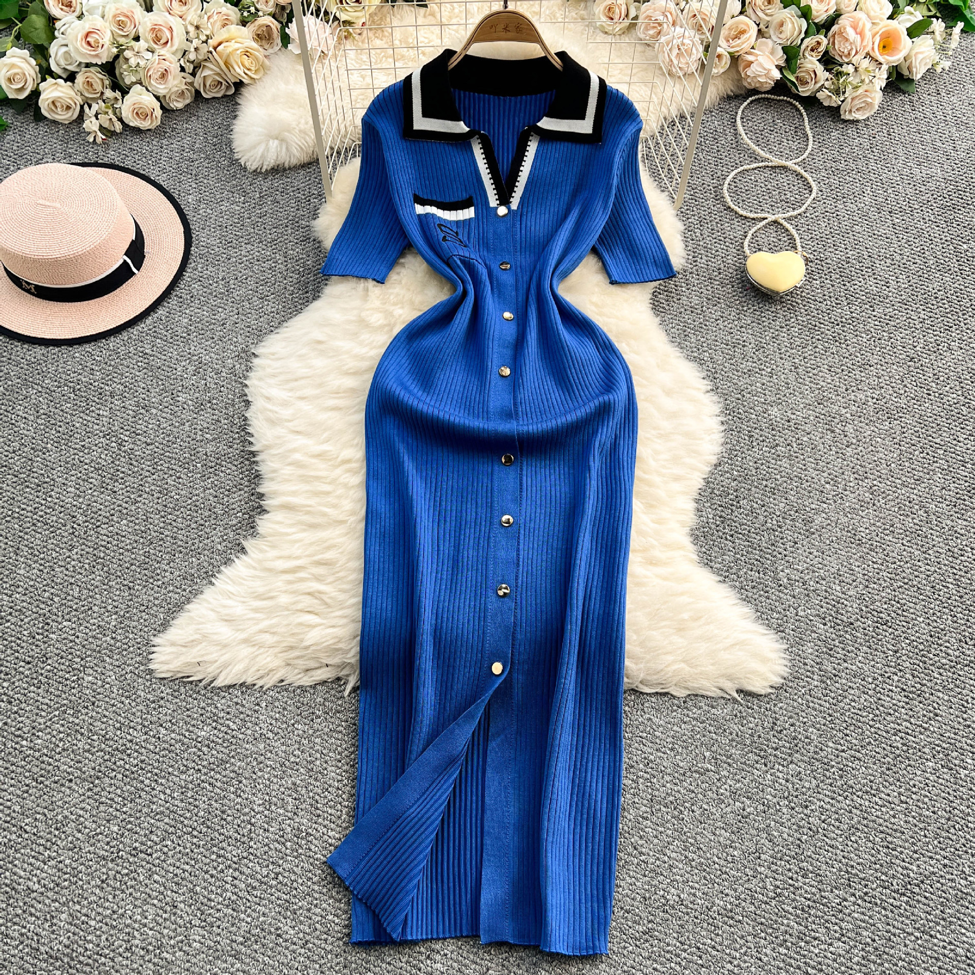 Cross border Polo collar slit dress with short sleeves and embroidered letters, long skirt with waist cinching and slimming effect, knitted dress for women in Europe and America