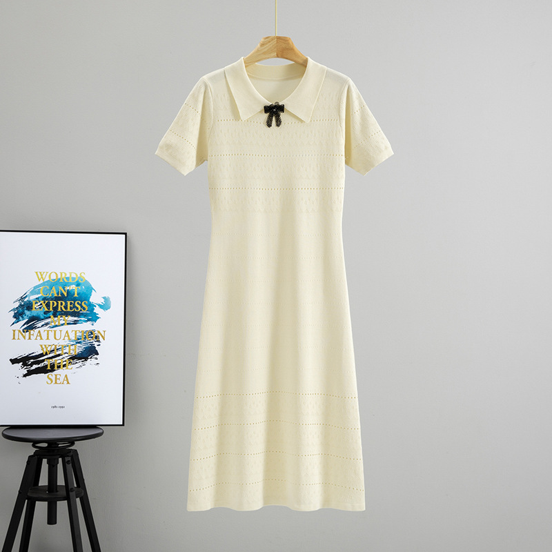 Summer fashion lapel bow short sleeved hollow knit dress 2026 slimming temperament solid color mid length skirt
