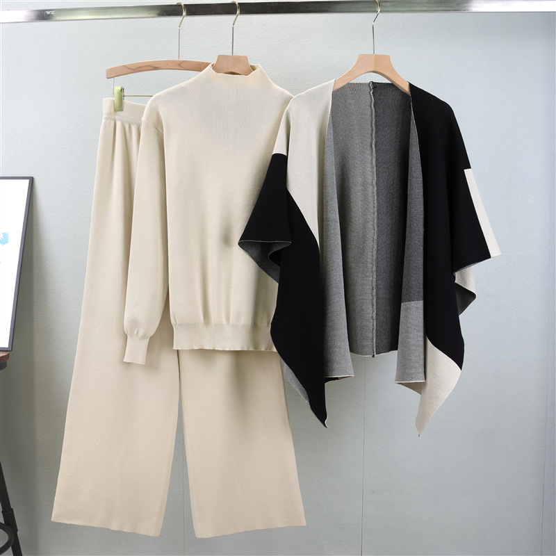 Leisure suit for women in spring and autumn, with a new style of elegant socialite and lazy style. Knitted sweater, shawl, cloak, wide leg pants, three piece set Leisure suit for women in spring and autumn, with a new style of elegant socialite and lazy style. Knitted sweater, shawl, cloak, wide leg pants, three piece set