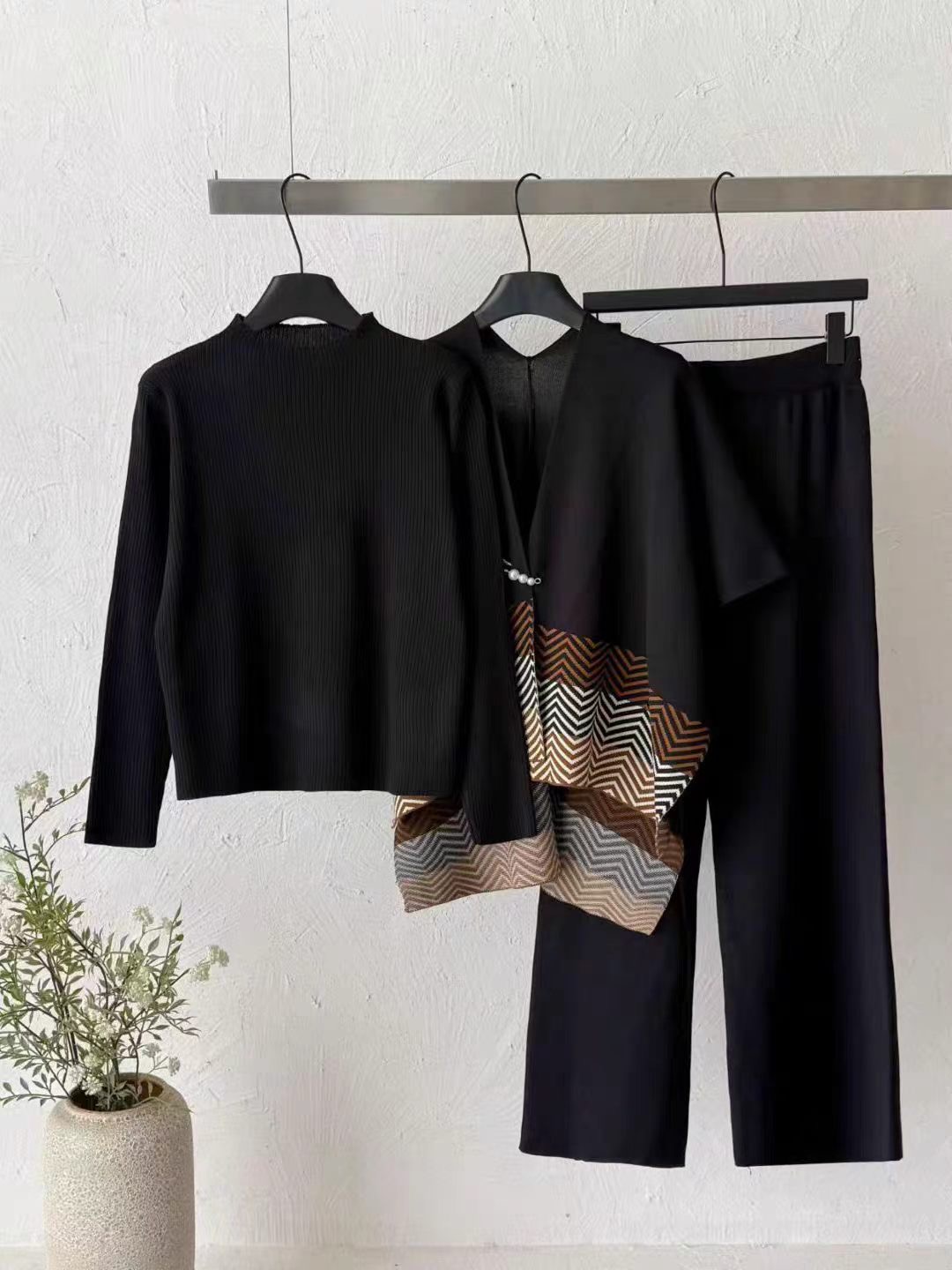 European and American autumn and winter shawl jacket fashionable loose half high neck knitted base shirt high waist straight leg pants knitted three piece set
