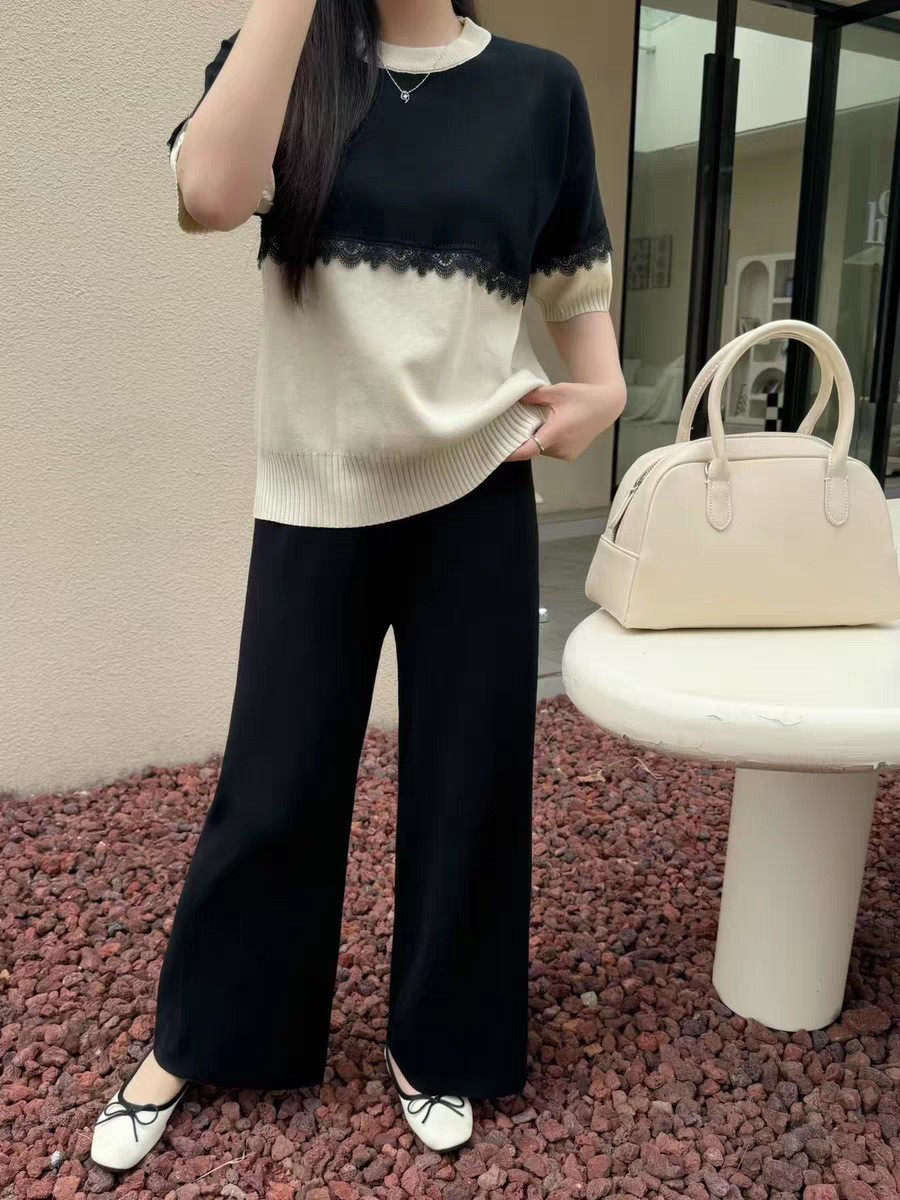 Cross border Knitted Shirt Summer Short Sleeve New Korean Edition Reduced Age Lace Hook and Flower Splicing Round Neck Hoodie Loose Knitted Set Cross border Knitted Shirt Summer Short Sleeve New Korean Edition Reduced Age Lace Hook and Flower Splicing Round Neck Hoodie Loose Knitted Set