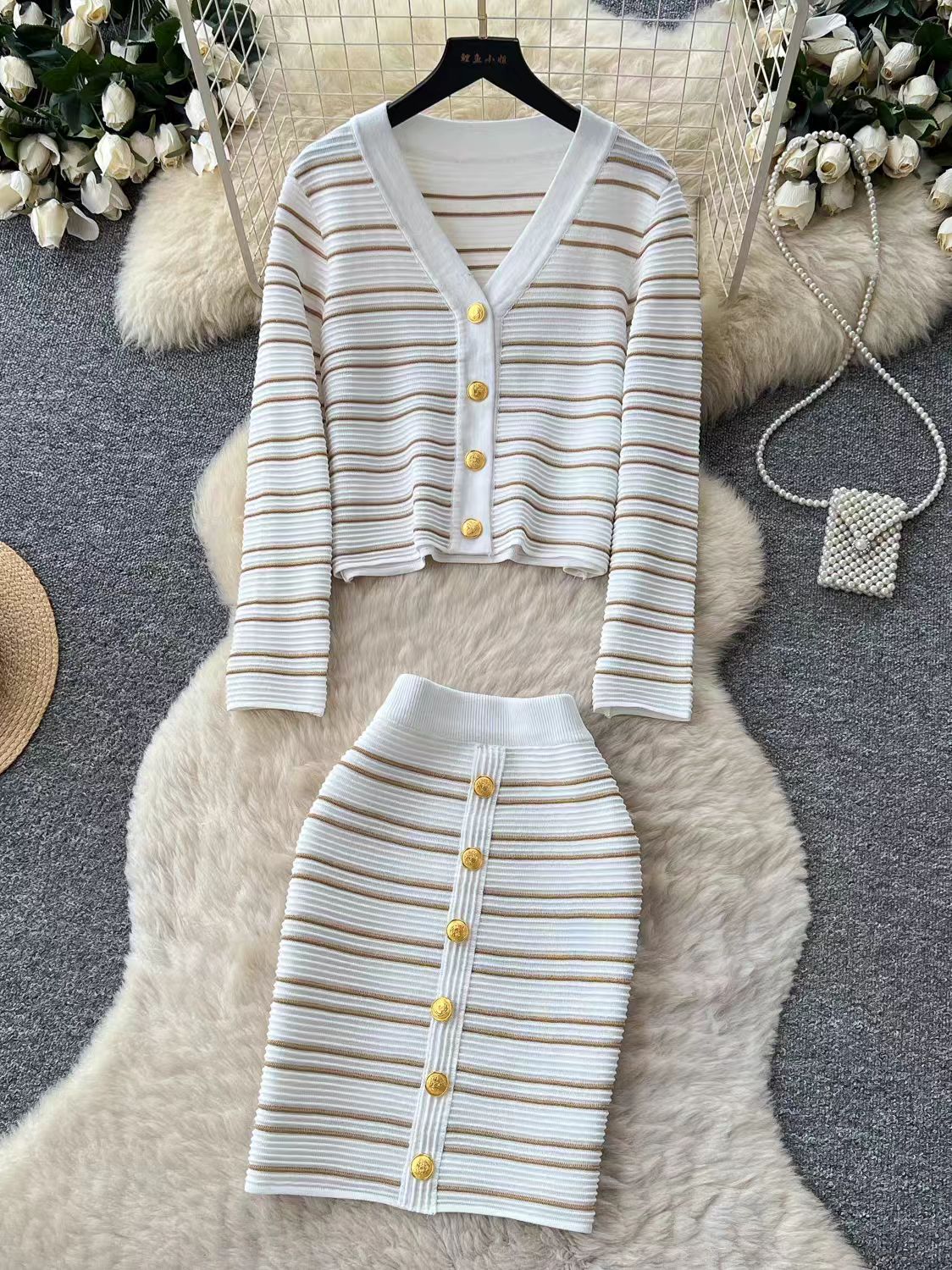 Korean style high fashion outfit with unique metal buckle striped jacket and short skirt, two-piece set for women's autumn and winter fashionable knitted suit