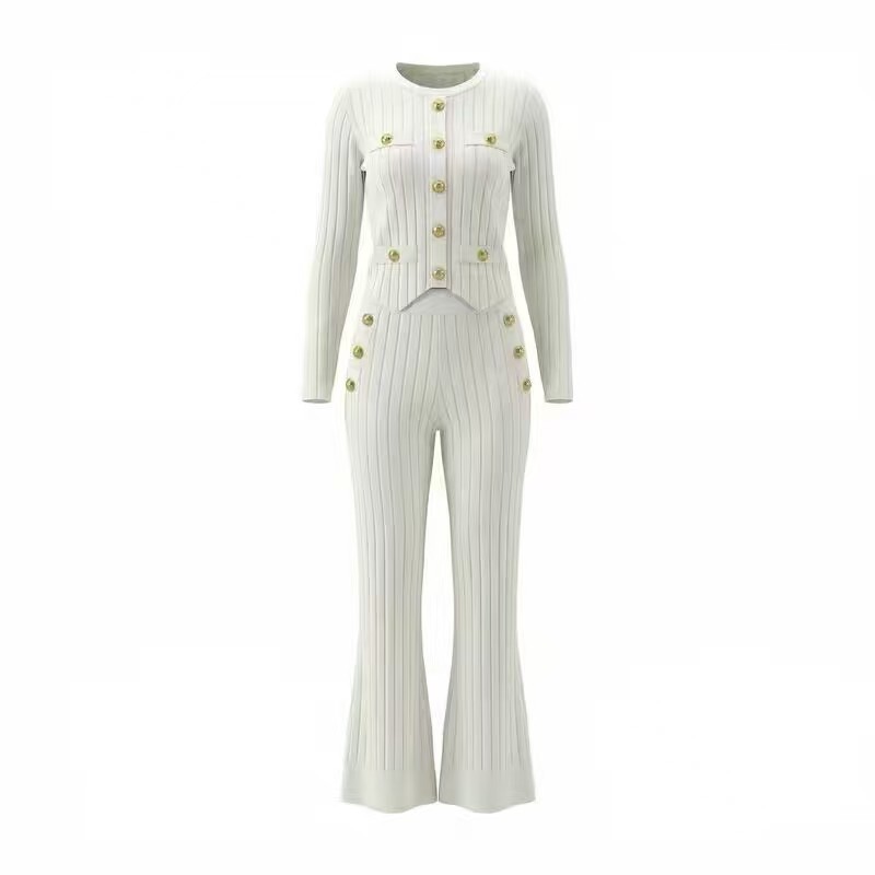 2026 Xiaoxiang style knitted collar two-piece set for women's summer slim fit vest, metal buckle high waisted wide leg pants, high-end feel 2026 Xiaoxiang style knitted collar two-piece set for women's summer slim fit vest, metal buckle high waisted wide leg pants, high-end feel