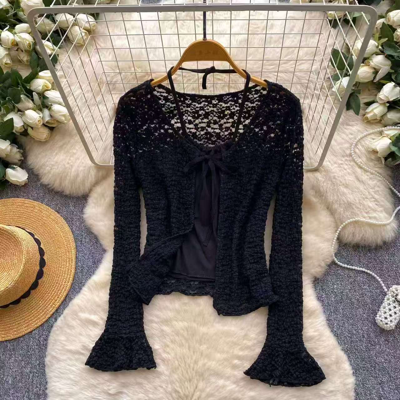 French hollow camisole lace cardigan women's spring lace collar flared sleeves two-piece set slimming and sun protection temperament set French hollow camisole lace cardigan women's spring lace collar flared sleeves two-piece set slimming and sun protection temperament set