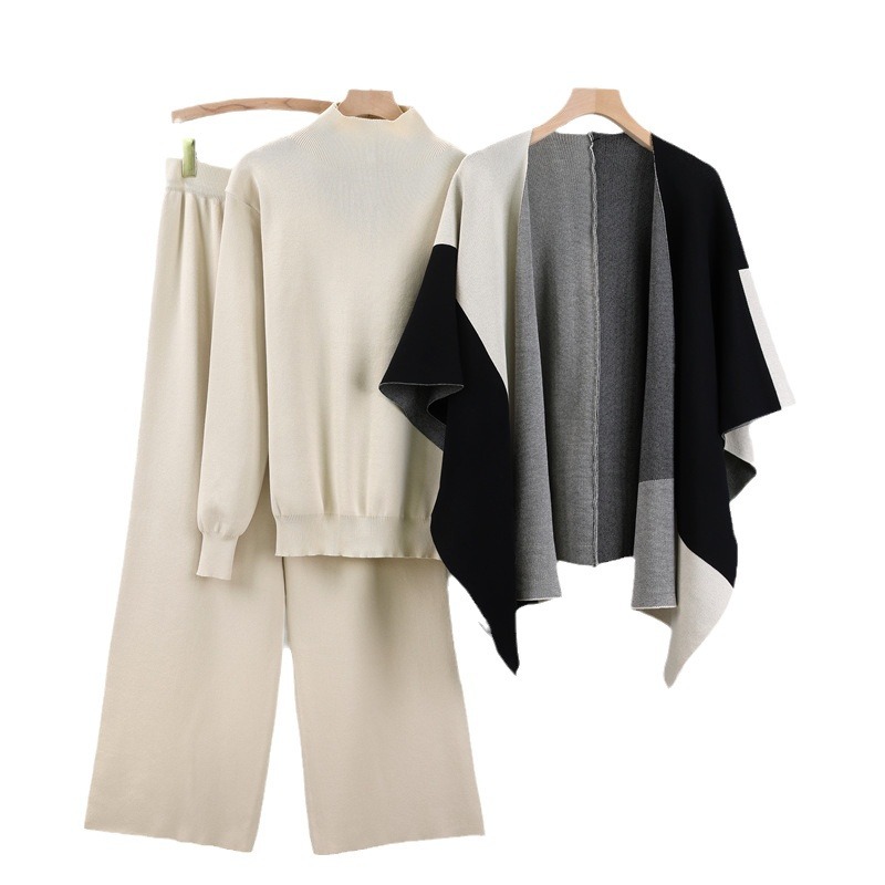 Leisure suit for women in spring and autumn, with a new style of elegant socialite and lazy style. Knitted sweater, shawl, cloak, wide leg pants, three piece set Leisure suit for women in spring and autumn, with a new style of elegant socialite and lazy style. Knitted sweater, shawl, cloak, wide leg pants, three piece set