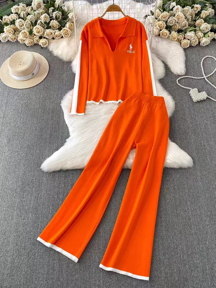 Leisure sports suit women's new embroidered round neck long sleeved knitted sweatshirt+high waist slimming two bar wide leg pants Leisure sports suit women's new embroidered round neck long sleeved knitted sweatshirt+high waist slimming two bar wide leg pants