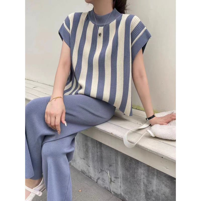 2026 Xiaoxiangfeng temperament socialite knitted fashion suit women's mid neck striped top casual wide leg pants two-piece set 2026 Xiaoxiangfeng temperament socialite knitted fashion suit women's mid neck striped top casual wide leg pants two-piece set