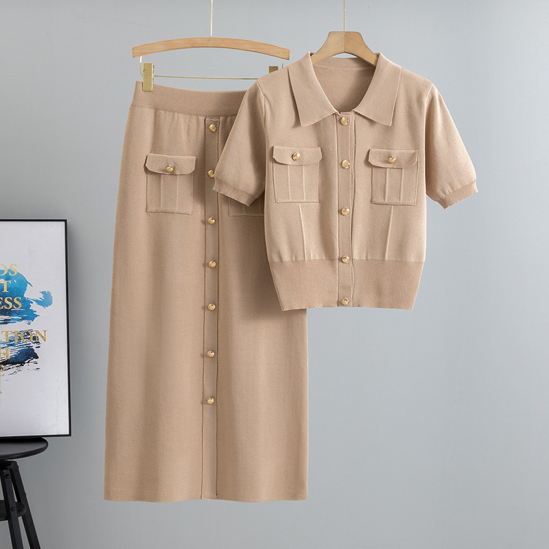 Cross border French collar small fragrance style set, summer feminine knitted cardigan top, slim fit half skirt two-piece set