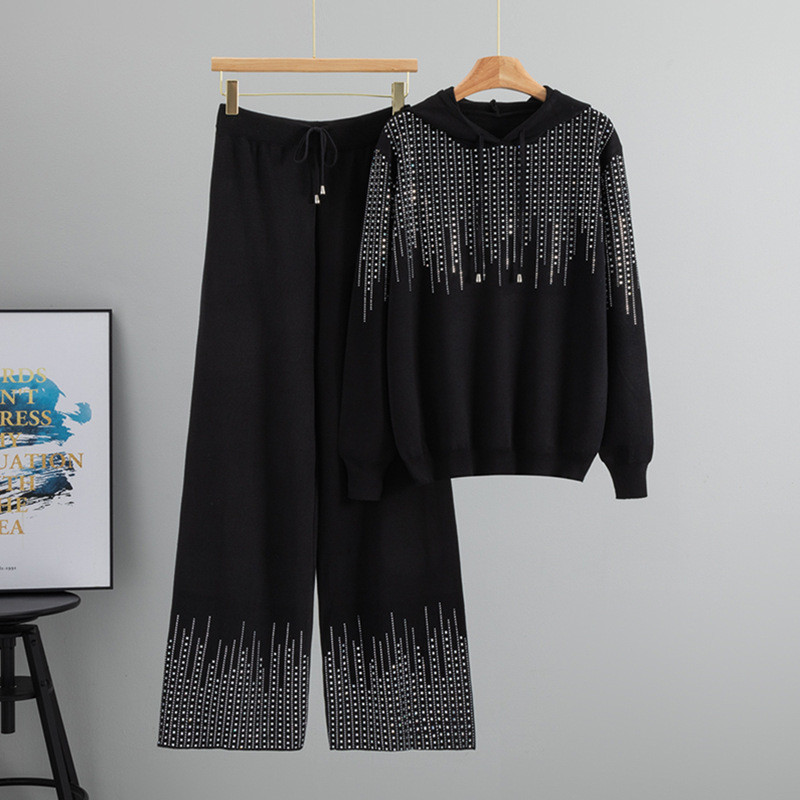 Spring and Autumn New Cross border Foreign Trade Fashion Set Women's Heavy Industry Hot Diamond Solid Color Hooded Knitted Top Loose Wide Leg Pants