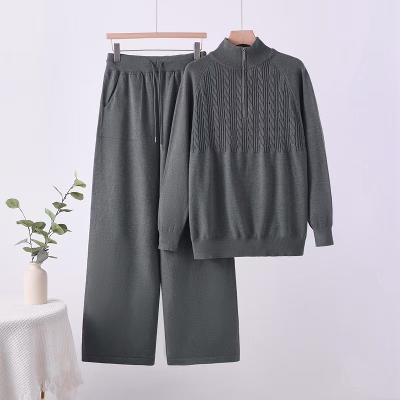 European and American casual fashion knitted women's autumn and winter temperament versatile long sleeved half zipper sweater elastic wide leg pants set European and American casual fashion knitted women's autumn and winter temperament versatile long sleeved half zipper sweater elastic wide leg pants set