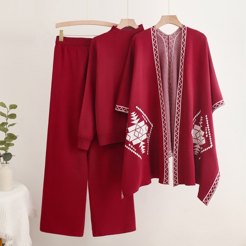 Cross border foreign trade loose and lazy mid neck pullover knitted sweater with shawl cloak jacket and wide leg pants three piece set