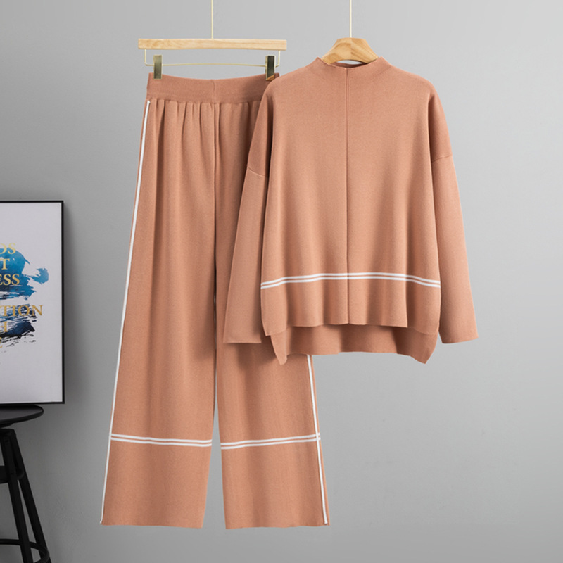 Cross border European station foreign trade contrasting striped slit round neck knitted loose top women's high waist wide leg pants two-piece set