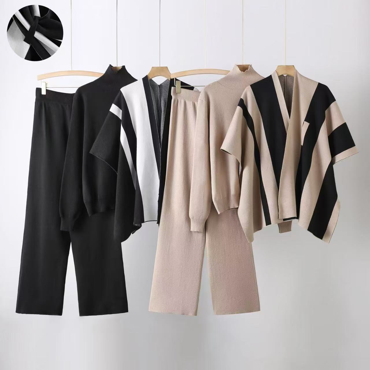 Cross border temperament knitted suit women's autumn new loose pullover sweater with cloak jacket and wide leg pants three piece set