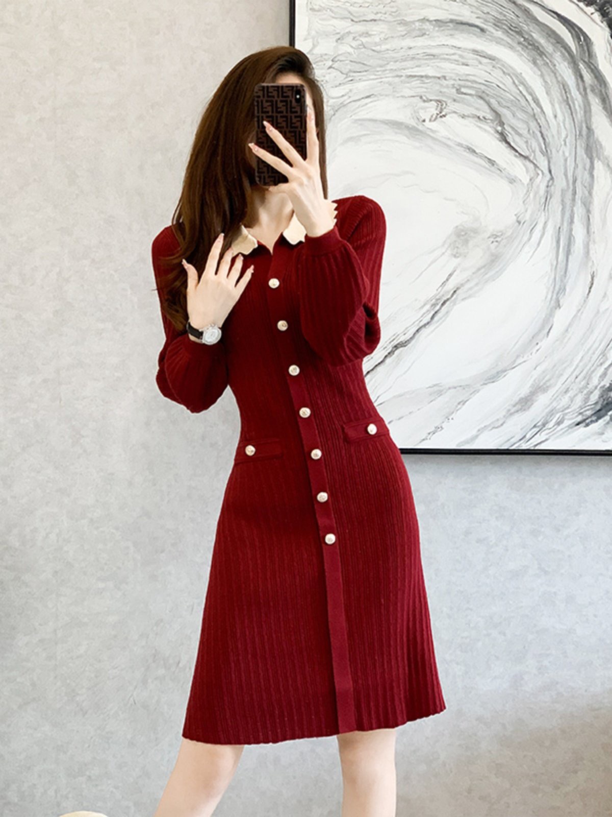 Korean Early Spring New Year Date Little Red Skirt Retro Tea Break Skirt Lantern Sleeve Knitted Dress Interwoven with Woolen Skirt