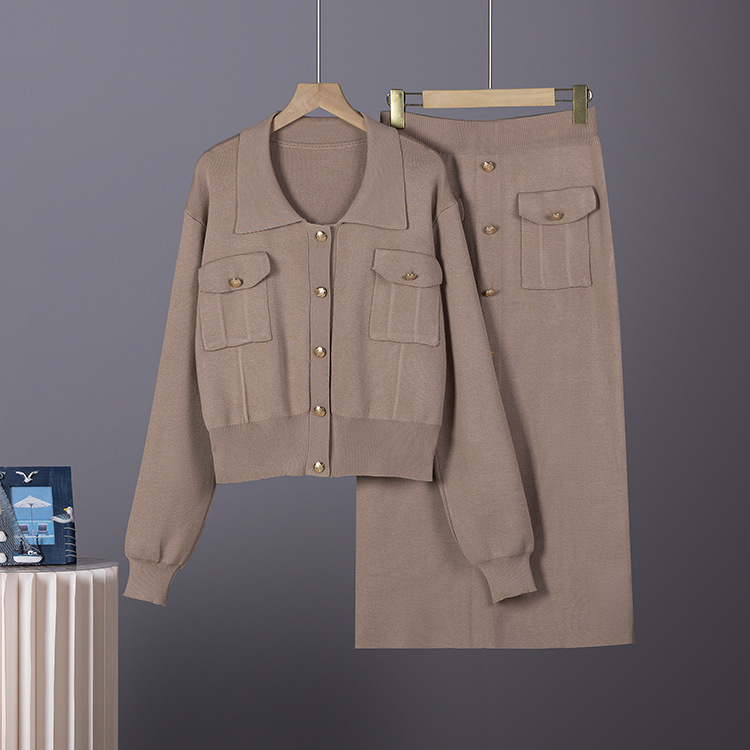 Cross border French collar small fragrance style set autumn and winter sweater women's cardigan top knitted slim half skirt two-piece set Cross border French collar small fragrance style set autumn and winter sweater women's cardigan top knitted slim half skirt two-piece set