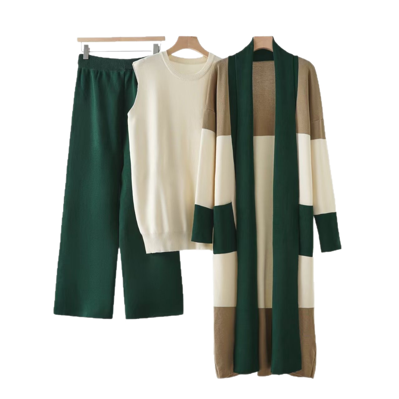 Cross border European and American fashion 2025 loose cardigan jacket knitted three piece set vest wide leg pants casual lazy suit Cross border European and American fashion 2025 loose cardigan jacket knitted three piece set vest wide leg pants casual lazy suit