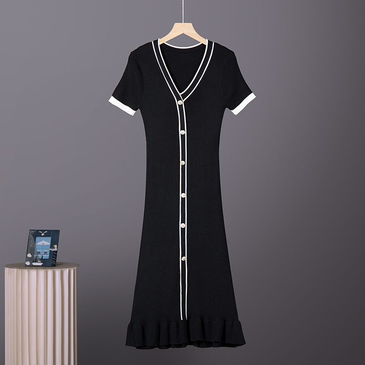 Cross border socialite temperament V-neck long sleeved single breasted waist knitted dress women's autumn sweater slim fit ruffle edge skirt Cross border socialite temperament V-neck long sleeved single breasted waist knitted dress women's autumn sweater slim fit ruffle edge skirt
