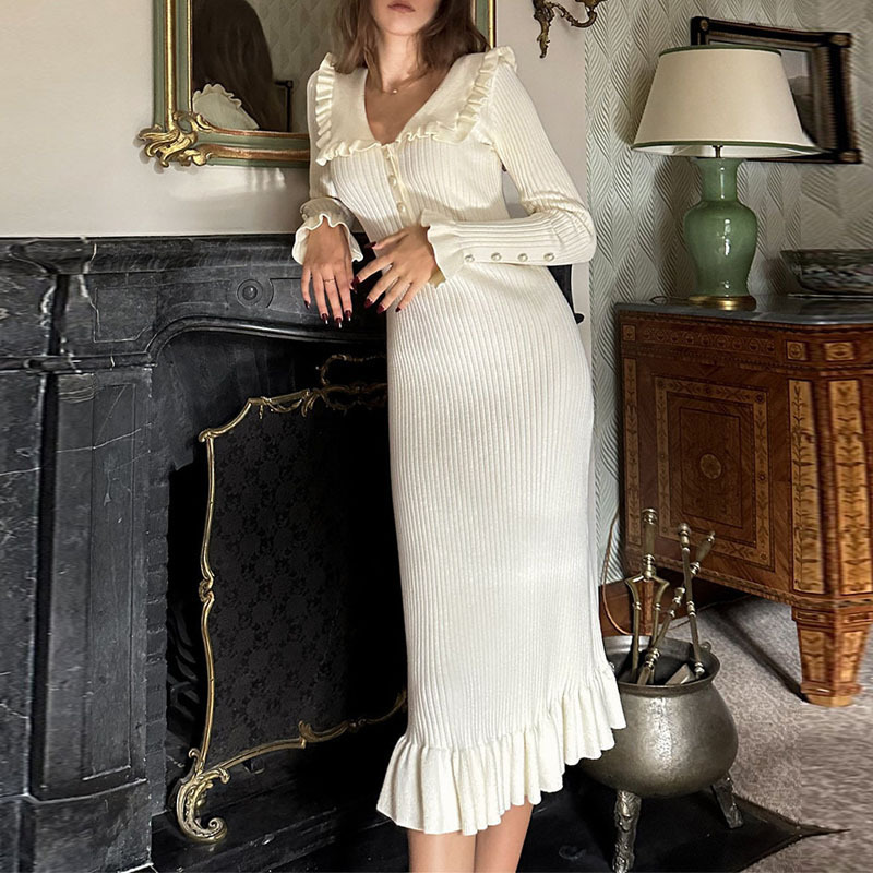 Lotus leaf edge dress knitted skirt autumn and winter new woolen dress 2023 retro lady European and American cross-border French skirt for women Lotus leaf edge dress knitted skirt autumn and winter new woolen dress 2023 retro lady European and American cross-border French skirt for women