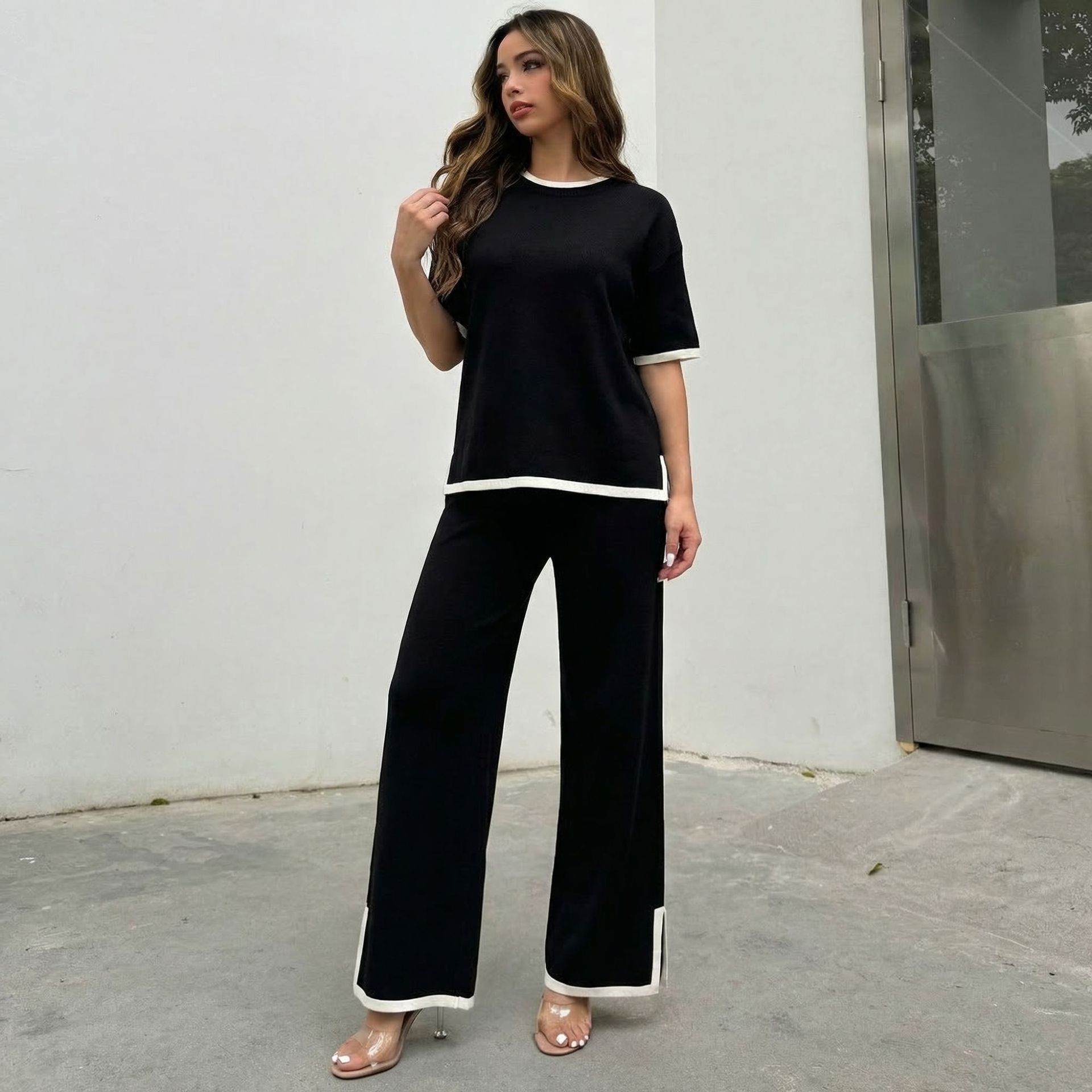 Cross border fashion suit temperament contrasting color split short sleeved sweater+ Waist slimming wide leg pants long pants two-piece set for women Cross border fashion suit temperament contrasting color split short sleeved sweater+ Waist slimming wide leg pants long pants two-piece set for women