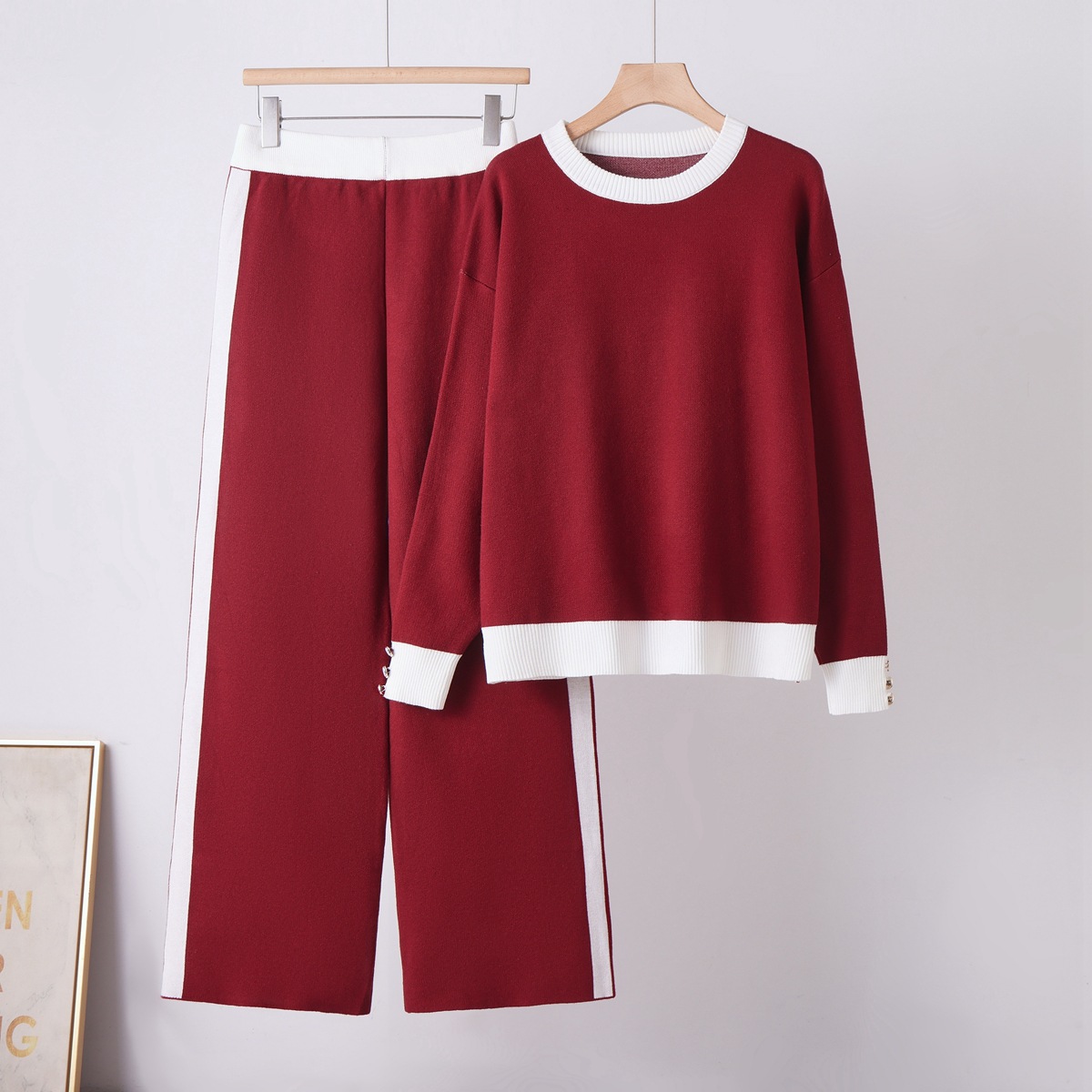Cross border foreign trade solid color temperament knitted two-piece round neck pocket sweater+loose casual wide leg pants set for women Cross border foreign trade solid color temperament knitted two-piece round neck pocket sweater+loose casual wide leg pants set for women