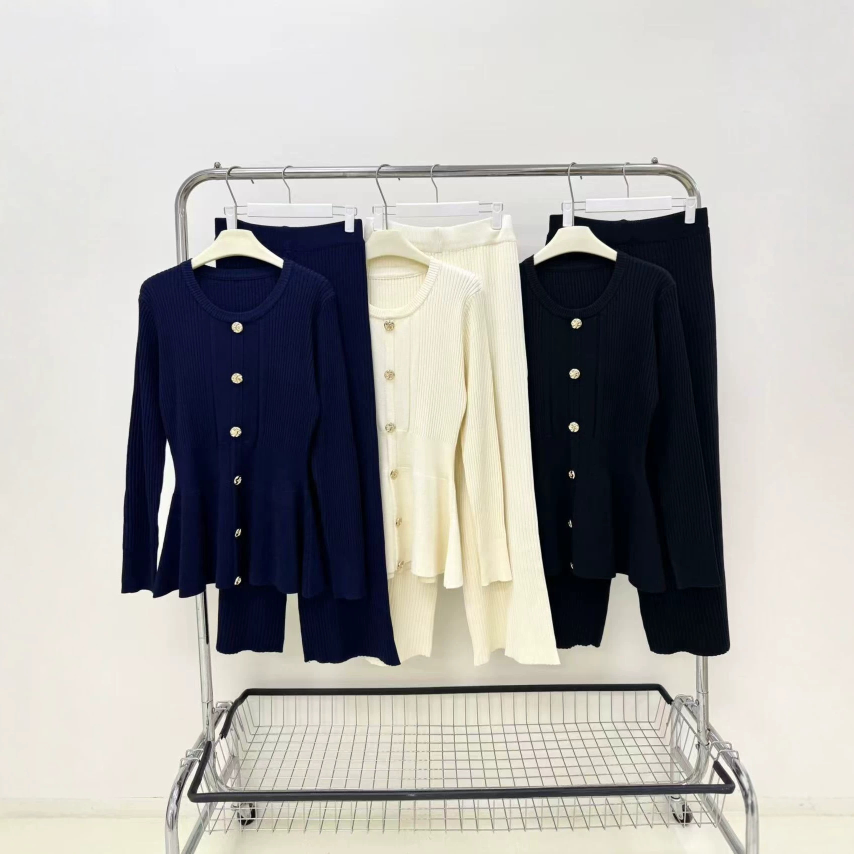 Cross border light and mature style knitted two-piece women's round neck metal buckle waist cinched top, slimming and hanging wide leg pants set