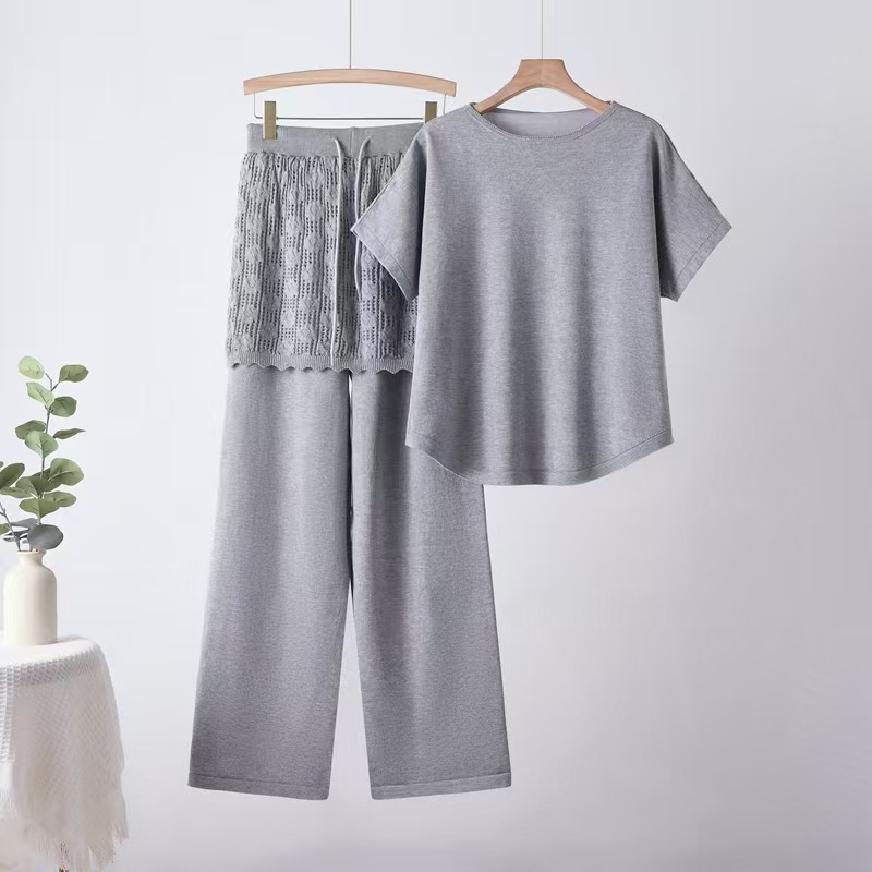 Cross border 2026 summer new style casual and gentle style set for women, loose and slim knit wide leg pants, two pieces