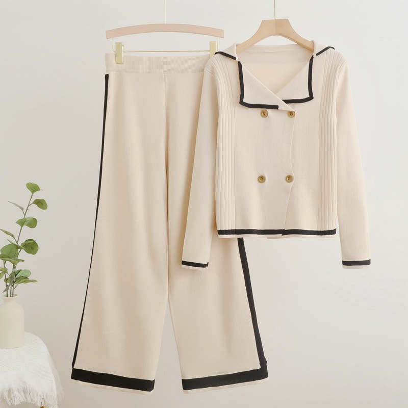 Autumn and winter new style suit collar retro knitted wide leg pants set versatile, simple, contrasting color splicing two-piece set for women Autumn and winter new style suit collar retro knitted wide leg pants set versatile, simple, contrasting color splicing two-piece set for women