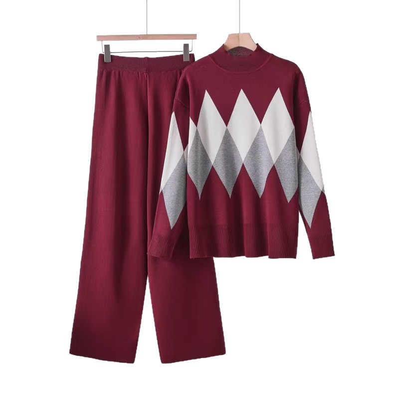 2025 Autumn New Cross border Women's Fashion Color Contrasting Diamond Grid Printed Casual Versatile Knitted Two Piece Set 2025 Autumn New Cross border Women's Fashion Color Contrasting Diamond Grid Printed Casual Versatile Knitted Two Piece Set