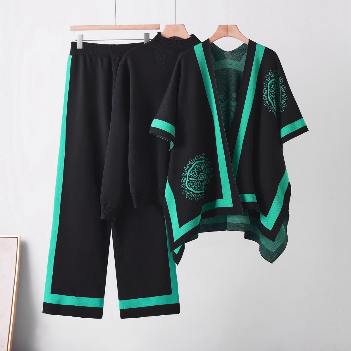 Cross border leisure suit women's autumn and winter new style temperament lazy style knitted sweater shawl cape wide leg pants three piece set
