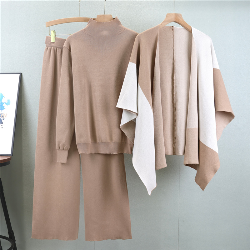 Leisure suit for women in spring and autumn, with a new style of elegant socialite and lazy style. Knitted sweater, shawl, cloak, wide leg pants, three piece set