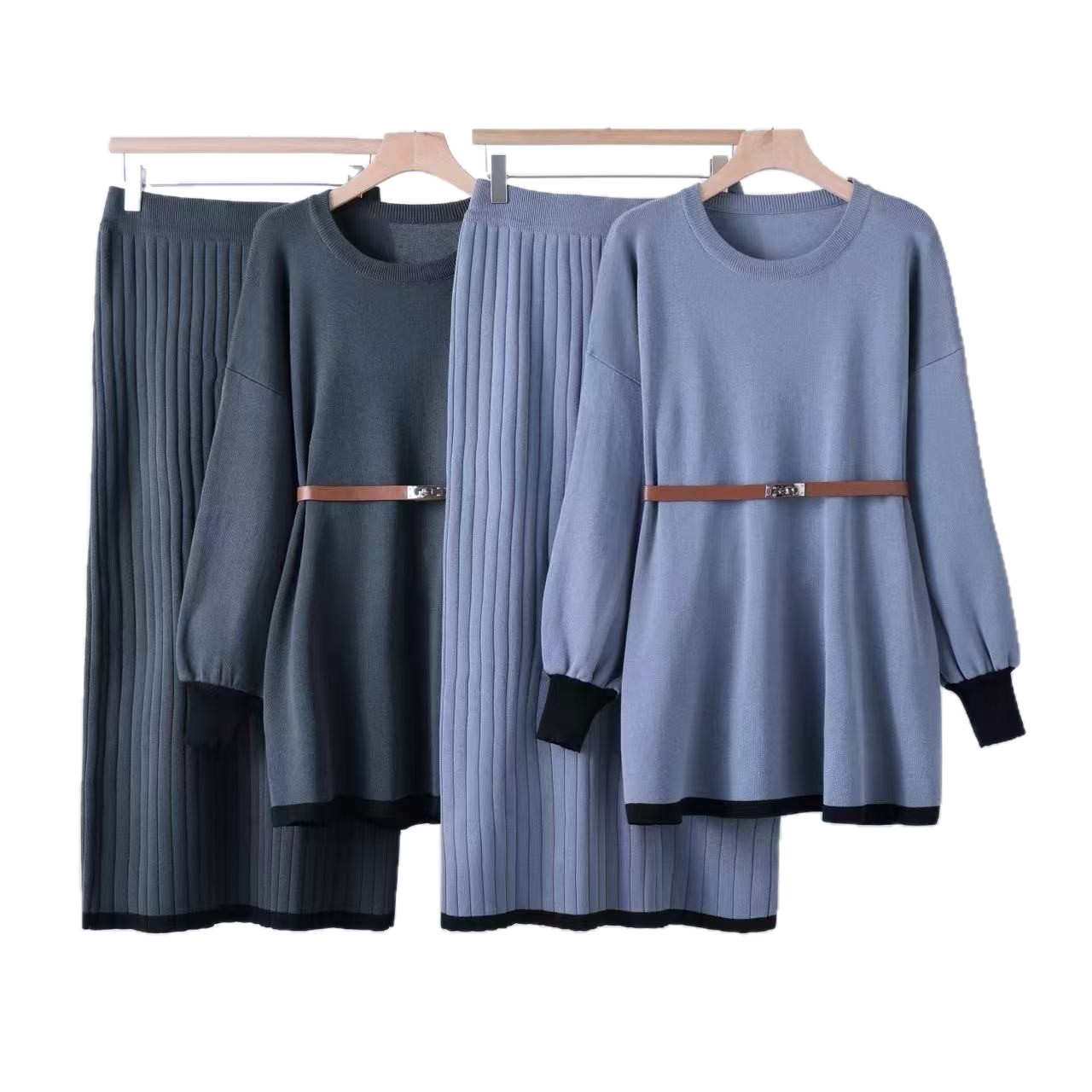 Cross border 2025 Elegant Knitted Skirt Solid Color Waist Belt Lantern Sleeve Top Half Body Skirt Two Piece Set Cross border 2025 Elegant Knitted Skirt Solid Color Waist Belt Lantern Sleeve Top Half Body Skirt Two Piece Set