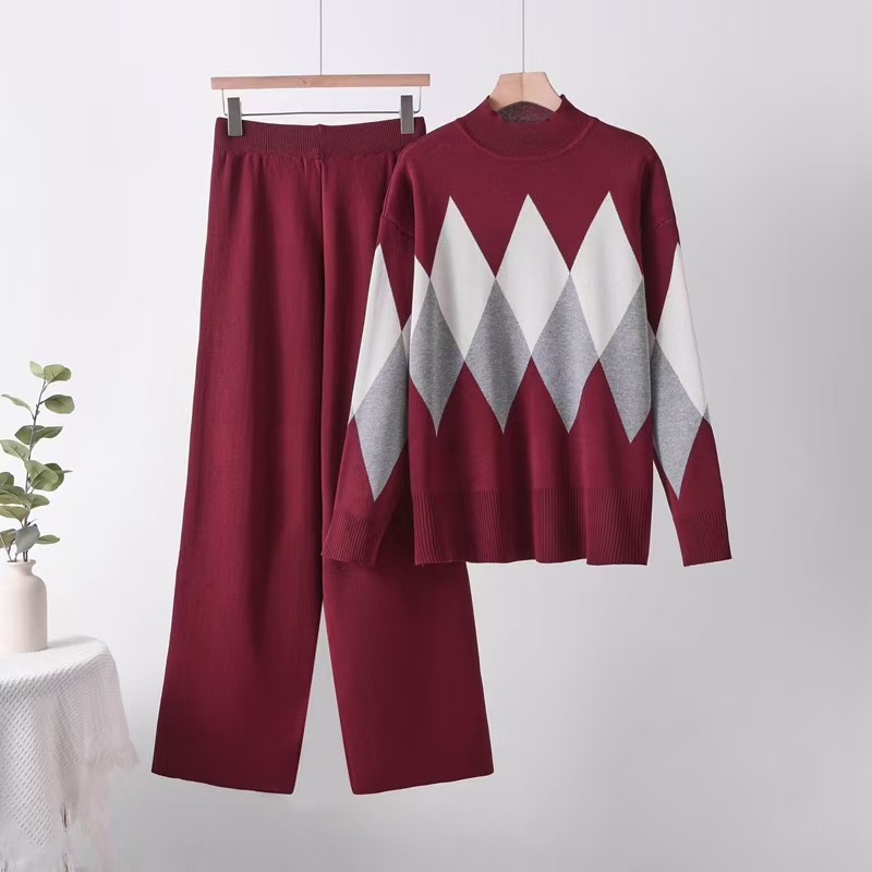 2025 Autumn New Cross border Women's Fashion Color Contrasting Diamond Grid Printed Casual Versatile Knitted Two Piece Set 2025 Autumn New Cross border Women's Fashion Color Contrasting Diamond Grid Printed Casual Versatile Knitted Two Piece Set