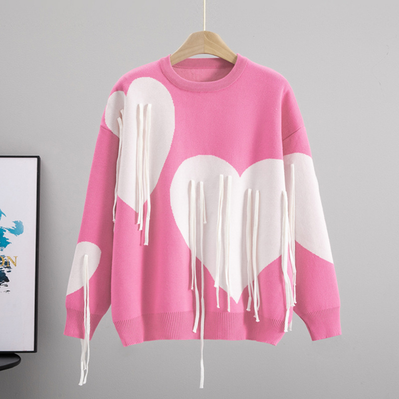 Cross border Love Tassel Spring and Autumn Sweater Fashion Knitted European and American New Round Collar Splicing Round Collar Top Knitted