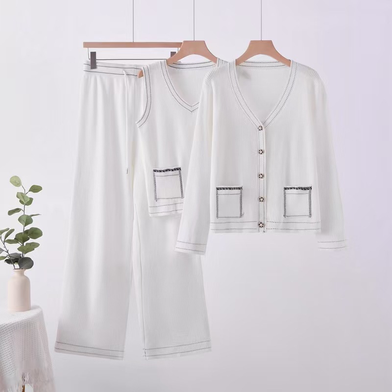 Foreign trade lazy casual knitted suit 2025 new solid color top wide leg pants temperament three piece set Foreign trade lazy casual knitted suit 2025 new solid color top wide leg pants temperament three piece set