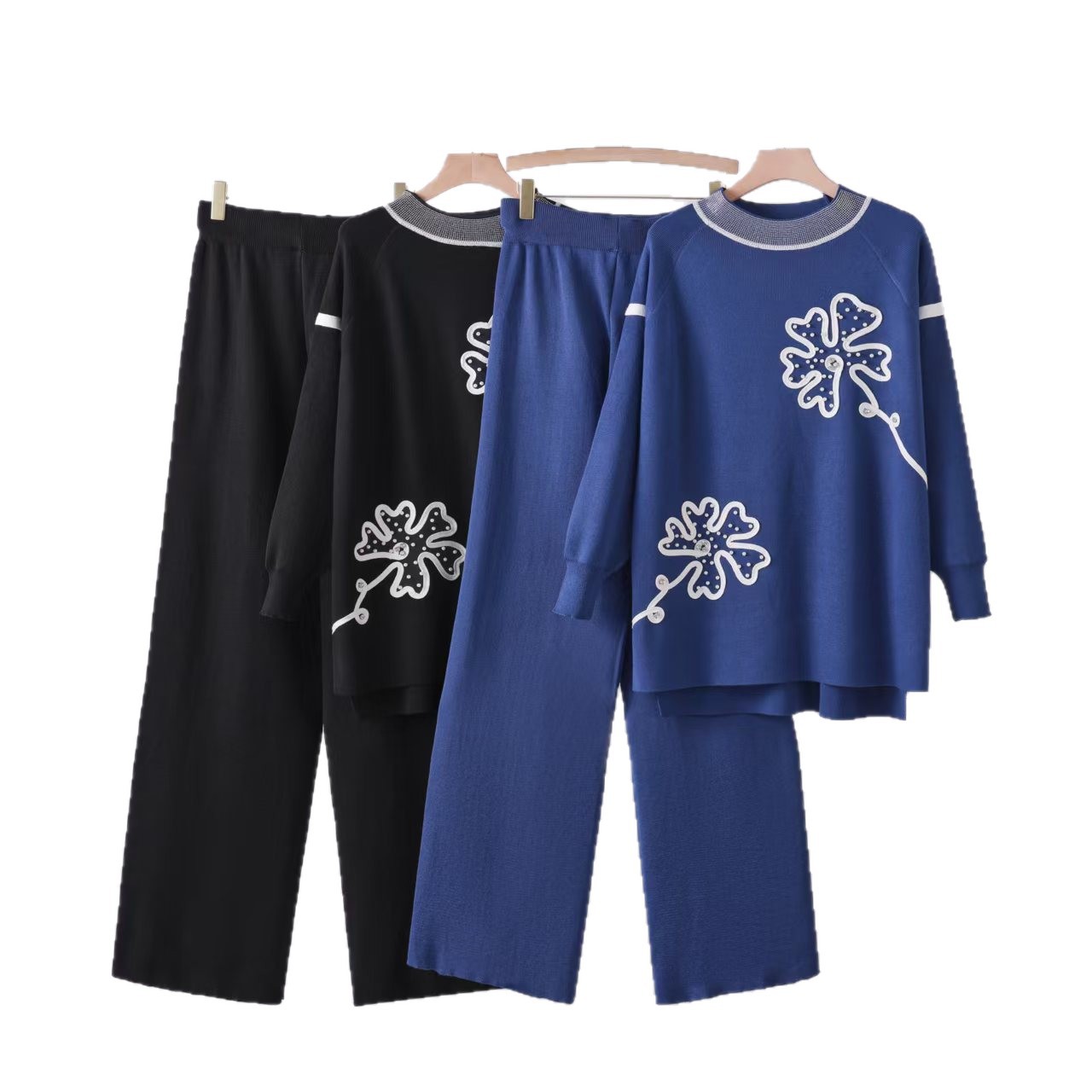 Foreign trade fashion simple long sleeved flower temperament knitted women's loose and slimming round neck sweater wide leg pants two-piece set Foreign trade fashion simple long sleeved flower temperament knitted women's loose and slimming round neck sweater wide leg pants two-piece set