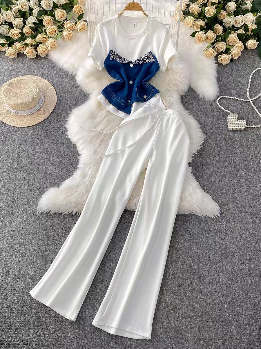 European fashion design fake two-piece spliced denim short sleeved top+high waist slimming straight leg wide leg pants two-piece set