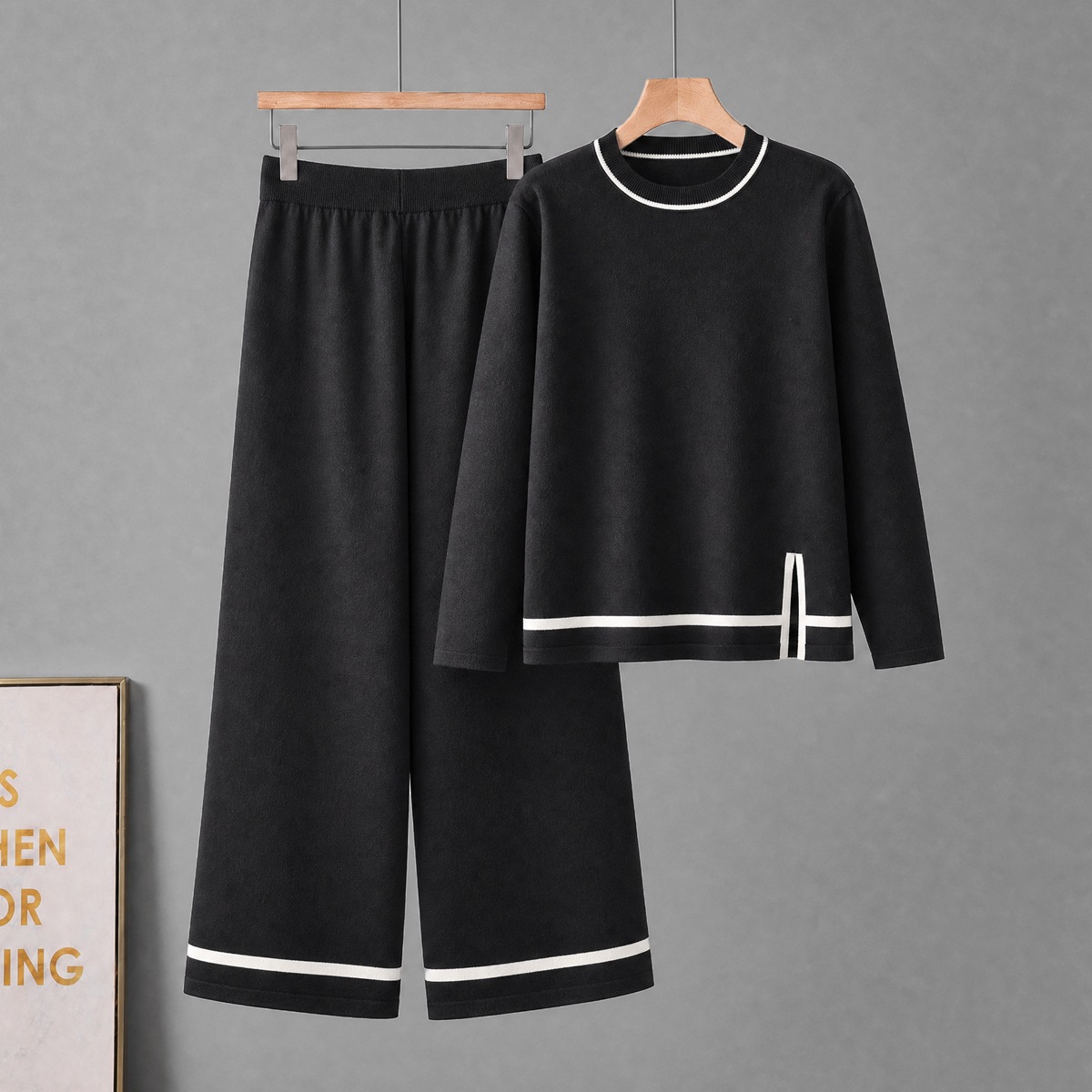 Amazon Women's New Color Contrasting Split Long Sleeve Knitted Set with High Waist and Wide Legs, Two Piece Set Amazon Women's New Color Contrasting Split Long Sleeve Knitted Set with High Waist and Wide Legs, Two Piece Set