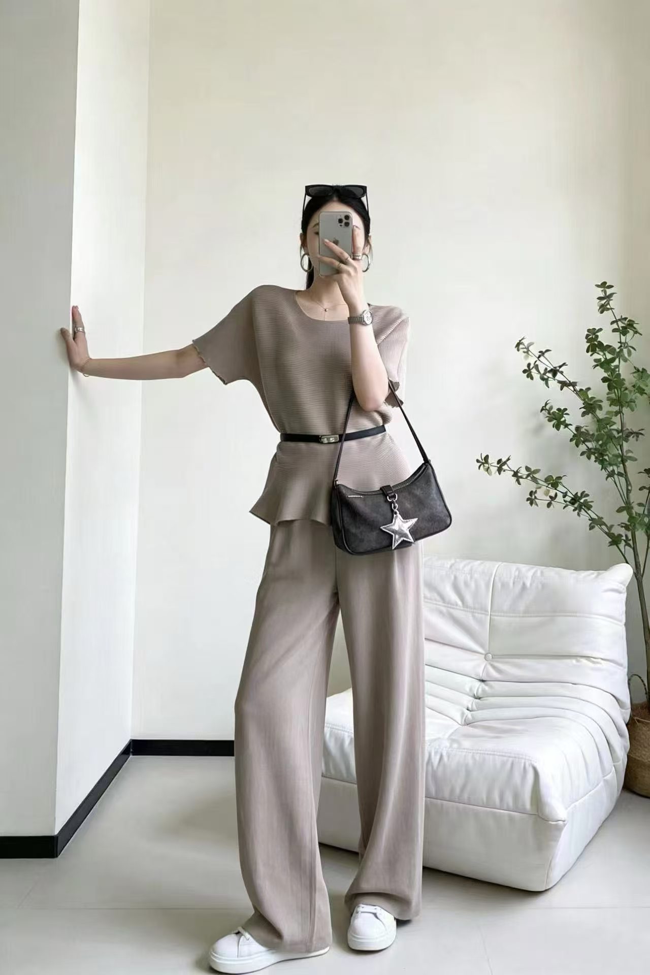 French gentle style waist cinched hem hem pullover knitted sweater two-piece set women's summer outfit simple casual pants knitted set