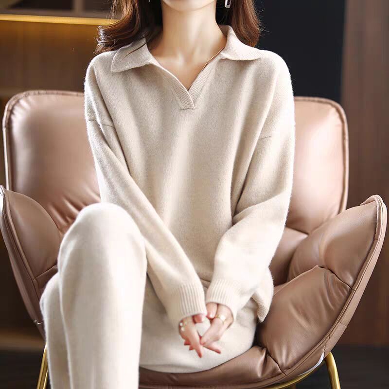 2026 Korean Fashion Loose Collar Knitted Set, Casual Simple Sweater, Wide Leg Pants, Loose Two Piece Set for Women 2026 Korean Fashion Loose Collar Knitted Set, Casual Simple Sweater, Wide Leg Pants, Loose Two Piece Set for Women