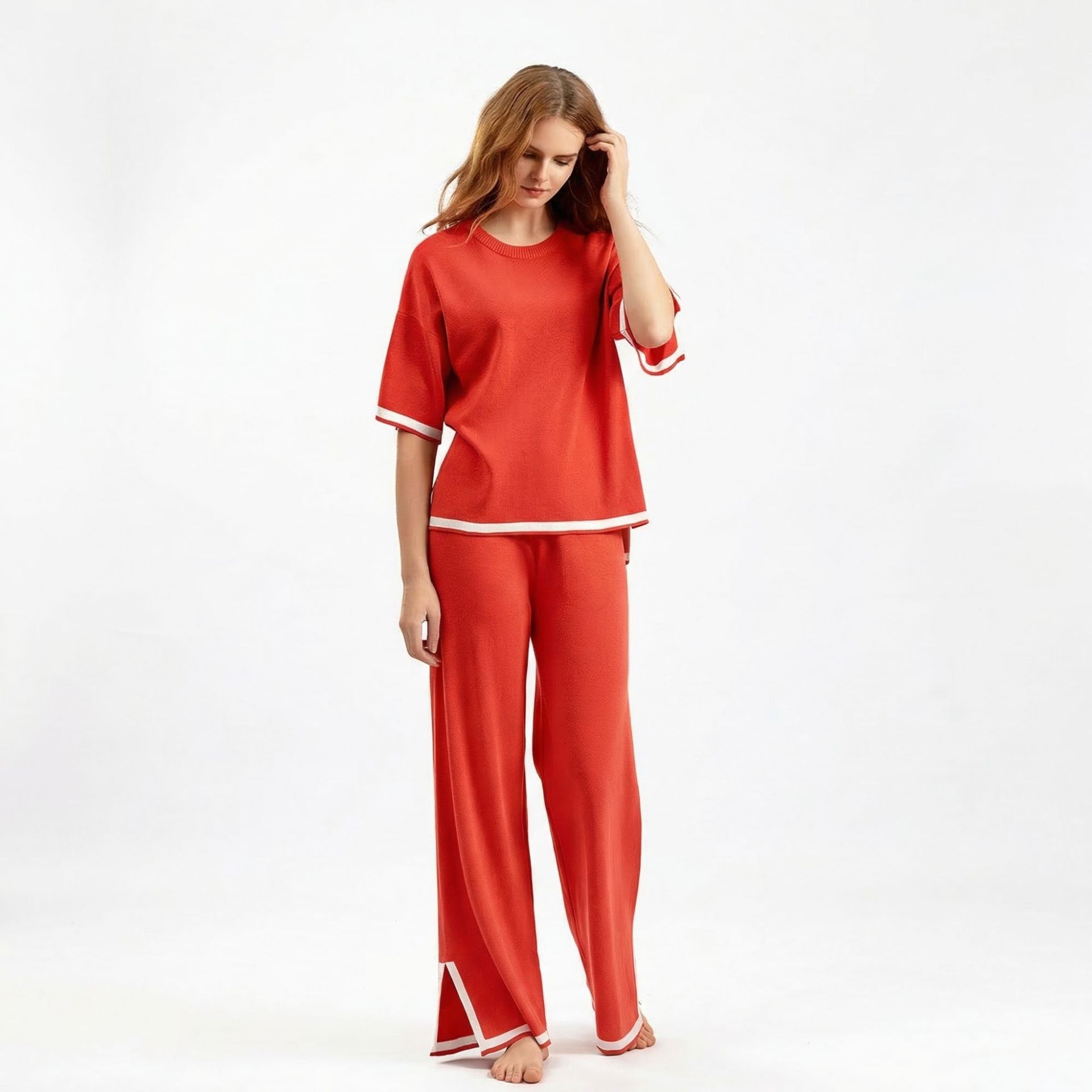 Cross border fashion suit temperament contrasting color split short sleeved sweater+ Waist slimming wide leg pants long pants two-piece set for women Cross border fashion suit temperament contrasting color split short sleeved sweater+ Waist slimming wide leg pants long pants two-piece set for women
