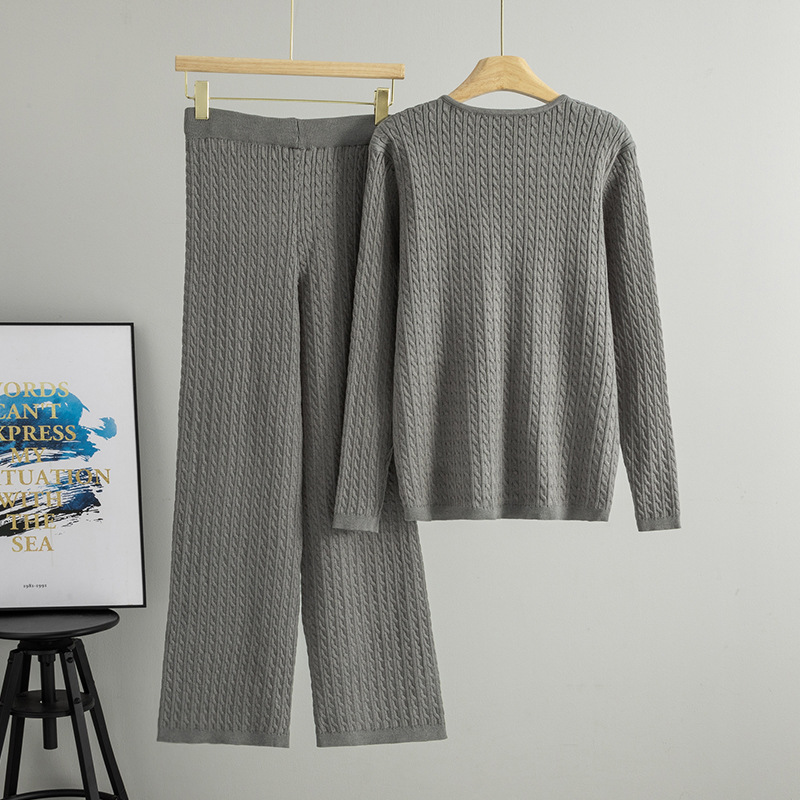 Cross border V-neck Fried Dough Twists sweater suit for women in spring and autumn, new fashion, solid color, loose knit, bottoming, two piece suit Cross border V-neck Fried Dough Twists sweater suit for women in spring and autumn, new fashion, solid color, loose knit, bottoming, two piece suit