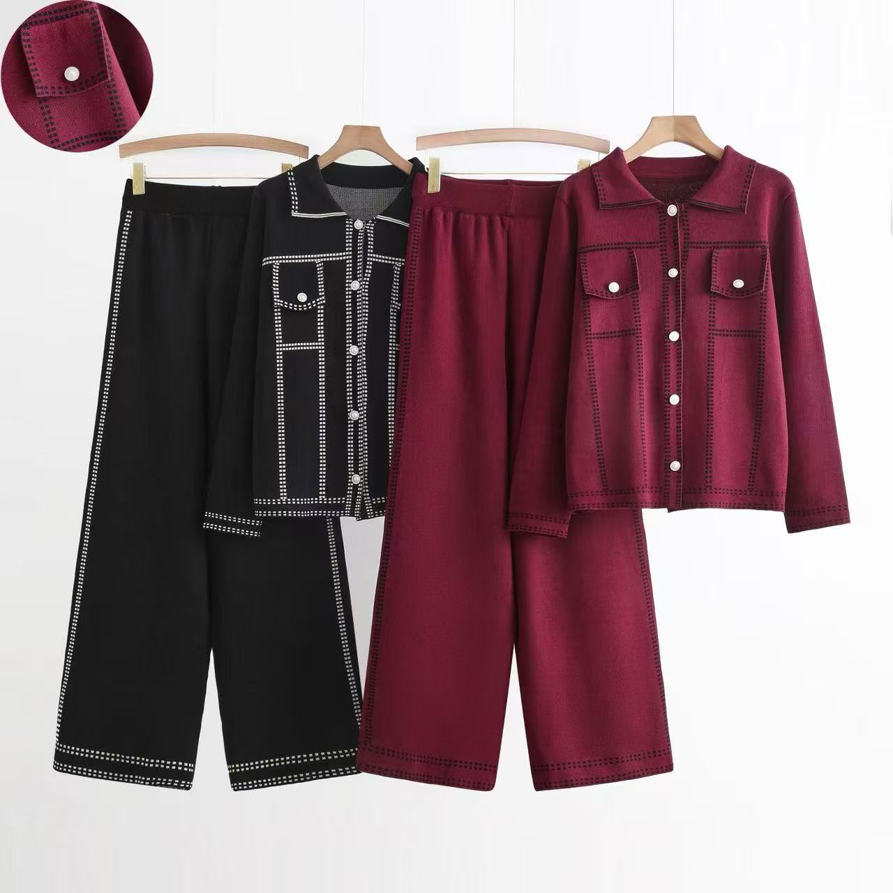Foreign Trade Women's 2025 New Knitted Suit Two Piece Set Long Sleeve Polo Collar Fashion Set