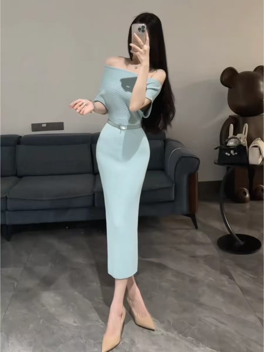 French blue knitted one shoulder dress for women in summer, exuding a sense of luxury and elegance, with a slim fit and hip hugging skirt. Long skirt