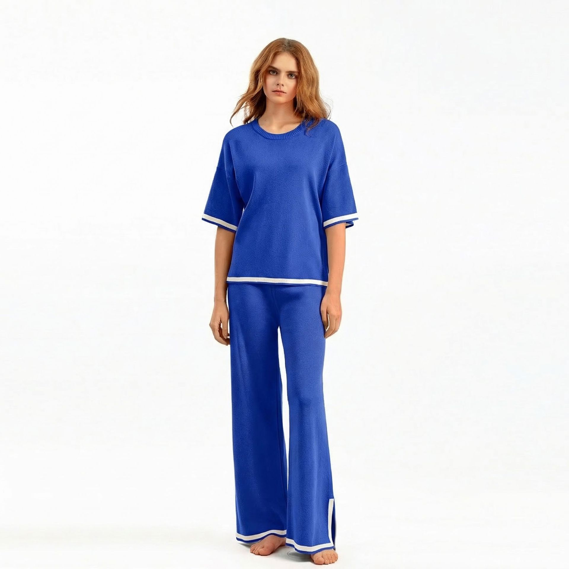 Cross border fashion suit temperament contrasting color split short sleeved sweater+ Waist slimming wide leg pants long pants two-piece set for women Cross border fashion suit temperament contrasting color split short sleeved sweater+ Waist slimming wide leg pants long pants two-piece set for women