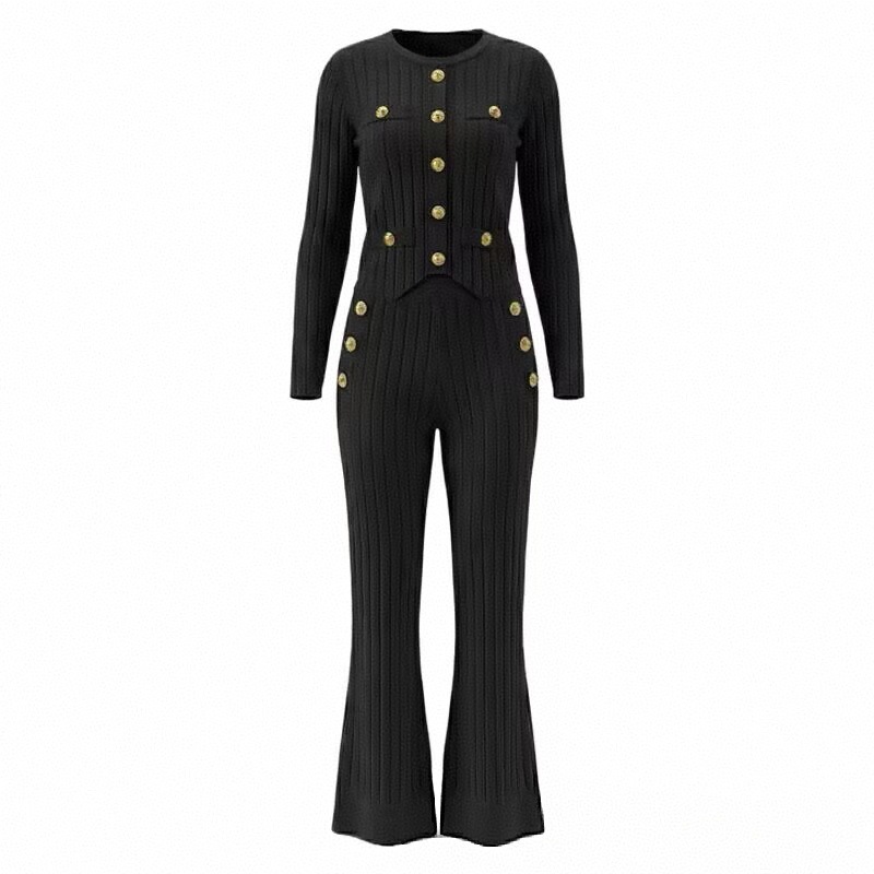 2026 Xiaoxiang style knitted collar two-piece set for women's summer slim fit vest, metal buckle high waisted wide leg pants, high-end feel 2026 Xiaoxiang style knitted collar two-piece set for women's summer slim fit vest, metal buckle high waisted wide leg pants, high-end feel