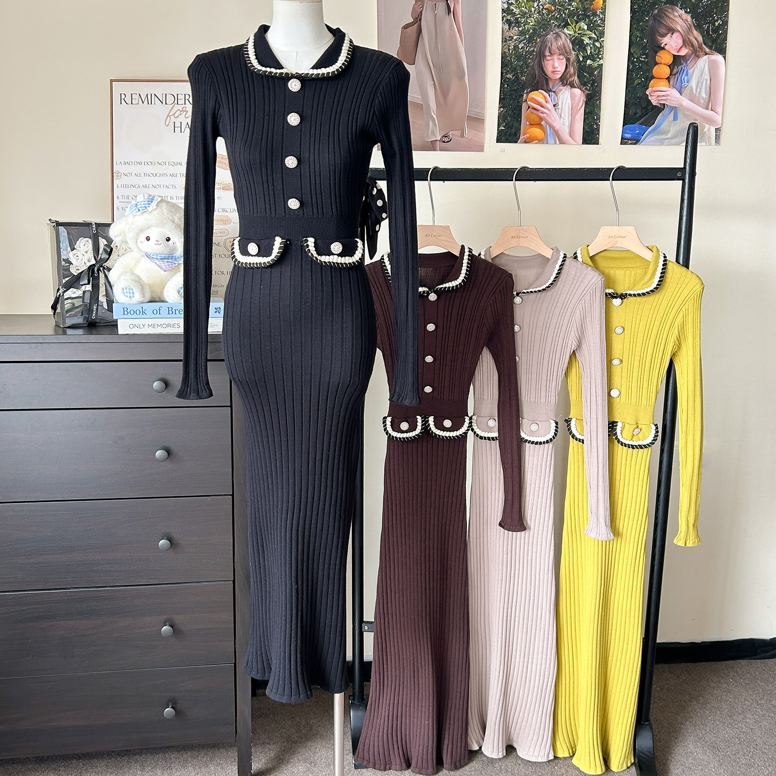 Foreign trade high-end temperament woven doll collar dress for women autumn and winter long sleeved knitted elastic waist with elegant fish tail Foreign trade high-end temperament woven doll collar dress for women autumn and winter long sleeved knitted elastic waist with elegant fish tail