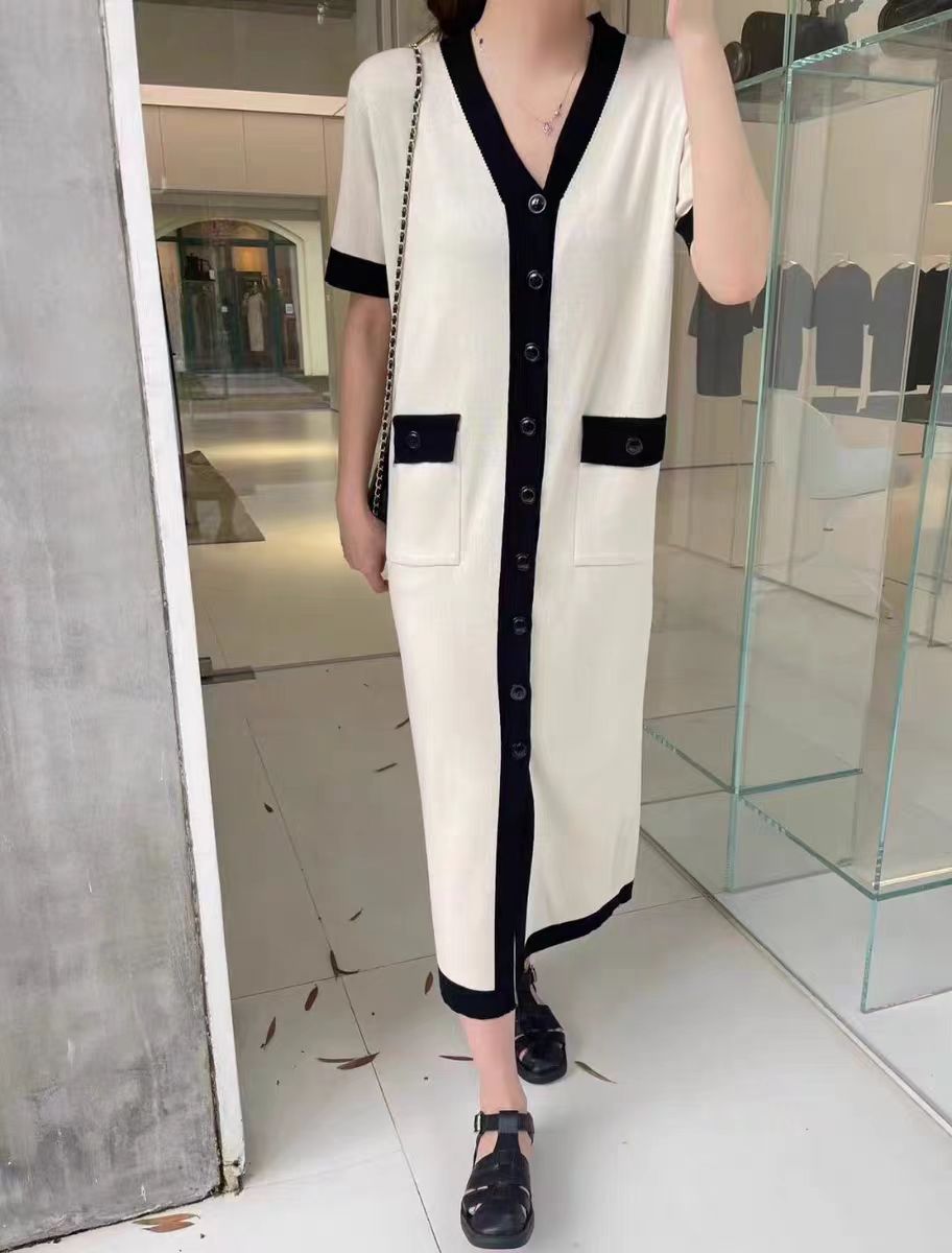 Korean chic summer simple contrasting color V-neck mid length single breasted loose slimming temperament short sleeved dress for women